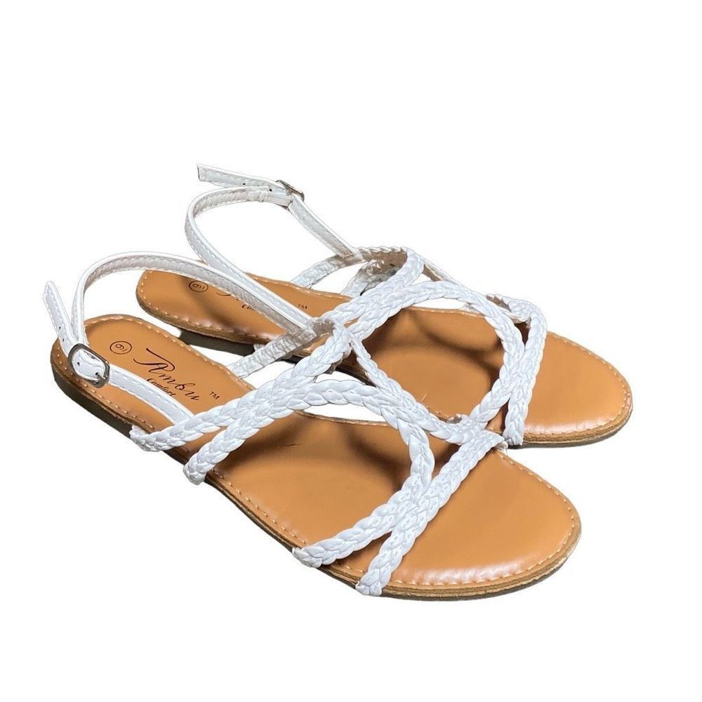 White Braided Strappy Flat Sandals for Women